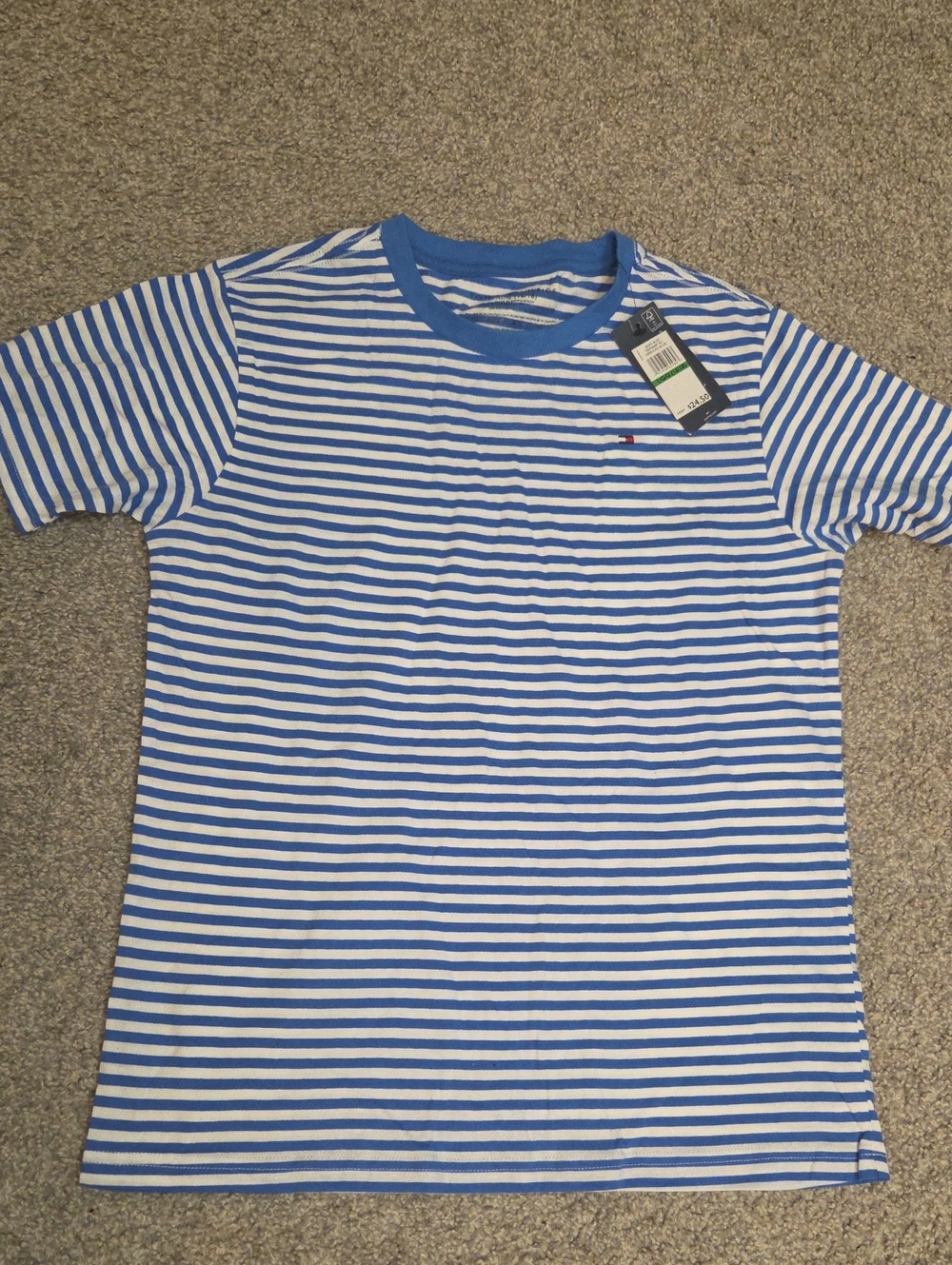 Tommy Hilfiger White and Blue Striped Short-Sleeve Crewneck Tee Large 16/18 NWT